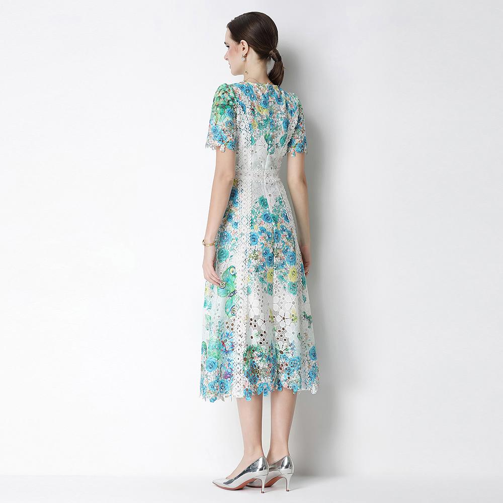 Ricamo Formale Lusso Sera Midi Abito Donna Estate Uncinetto Fiore Lavorazione a Maglia Intrecciata Manica Corta Pizzo Lunghi Abiti Festa Vestiti