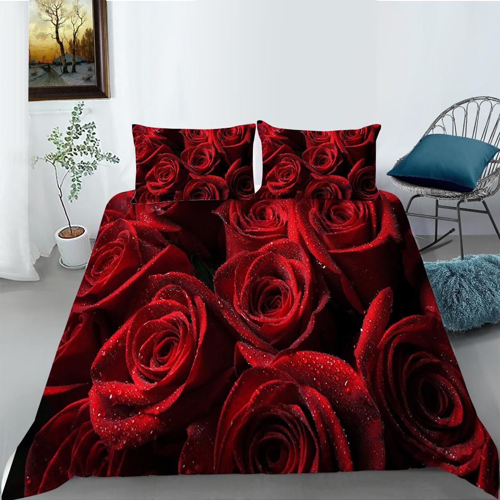 3D Printed Rose Bedding Set Romantic Love Down Duvet Cover Pillowcase 2/3pc King Queen Bed Flower Cover Women Couple Cover