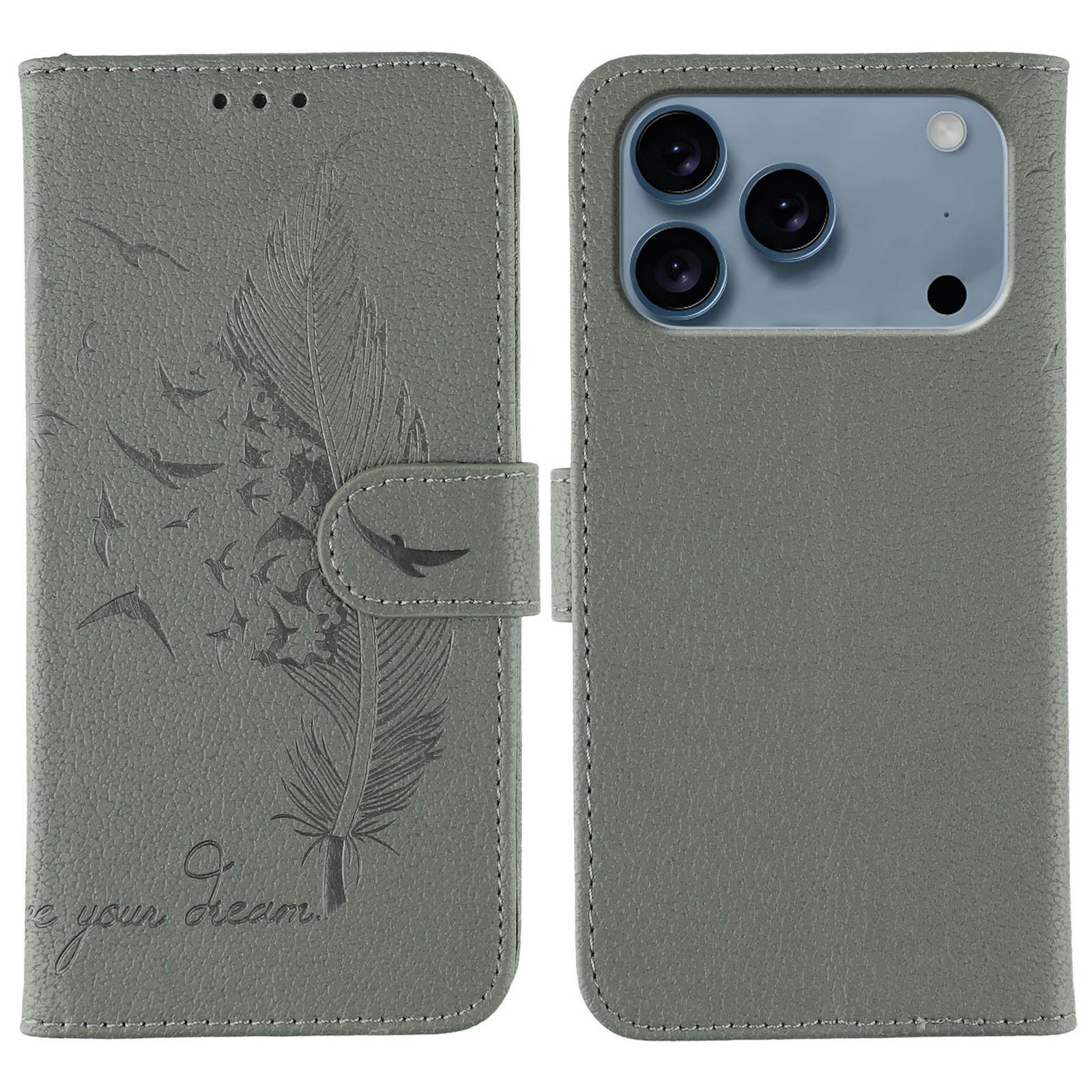 

For iPhone 17 Pro Max Case Feather Imprint PU Leather Wallet Phone Cover Grey