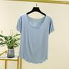 Women's U Neck Short Sleeve T-Shirt Loose Fit Modal Fabric Ruffle Hem Solid Color 2026 Summer Casual Basic Layering Top