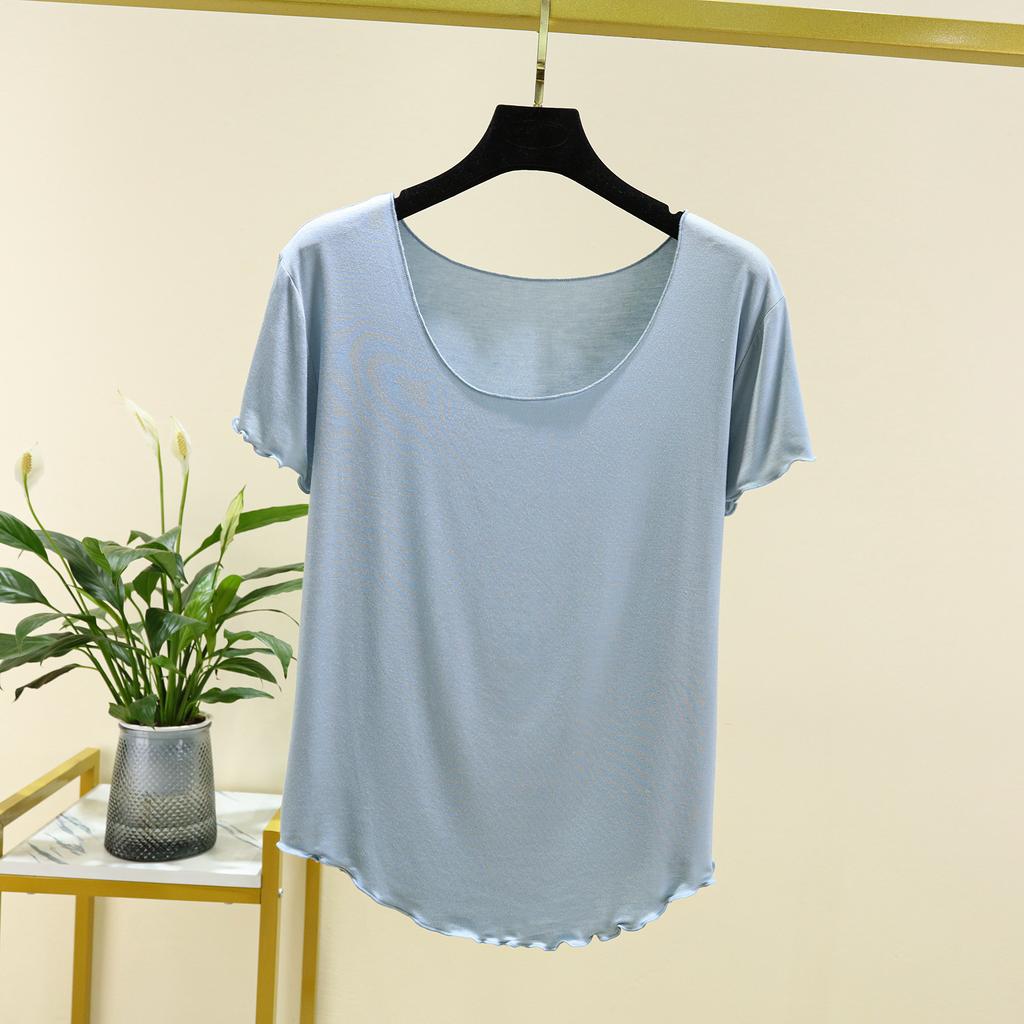 Women's U Neck Short Sleeve T-Shirt Loose Fit Modal Fabric Ruffle Hem Solid Color 2026 Summer Casual Basic Layering Top