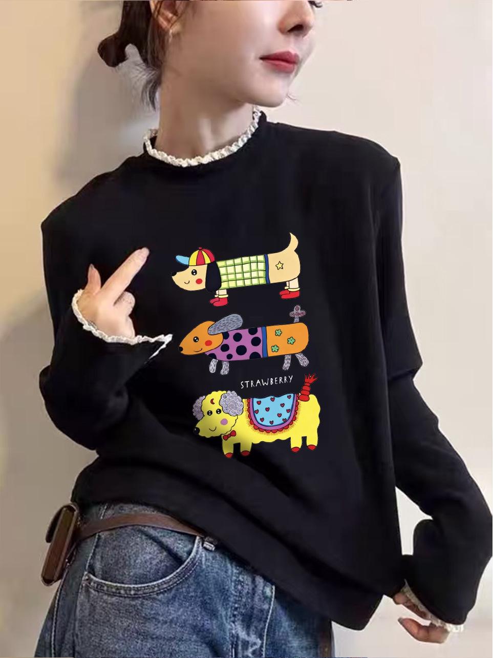

Lace Collar Letter Print Plus Velvet Long Sleeve T-shirt for Women - Autumn/Winter Style XL чёрный