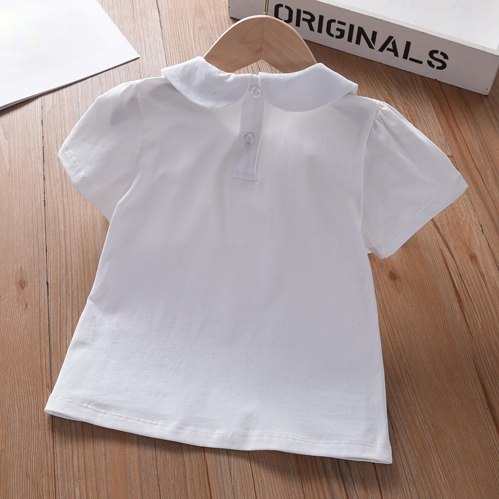 Kids Shirt Embroidered Peter Pan Collar Pink Bow Short Sleeve Summer Clothing for Ages 3-6 Girls