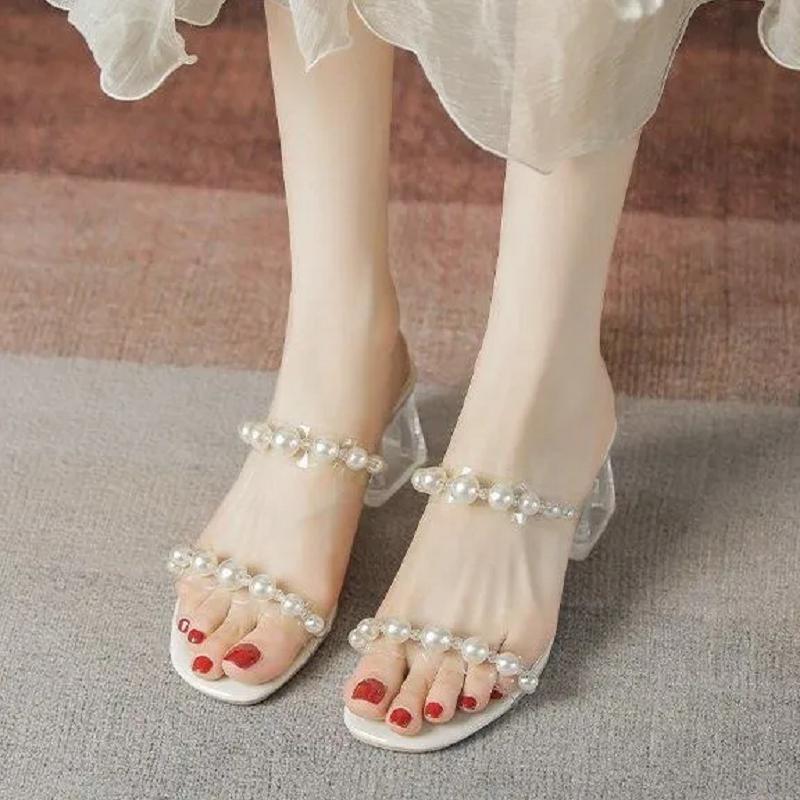 women fashion sweet light weight transparent pearl square heel sandal shoes lady classic comfort heel sandals ab633