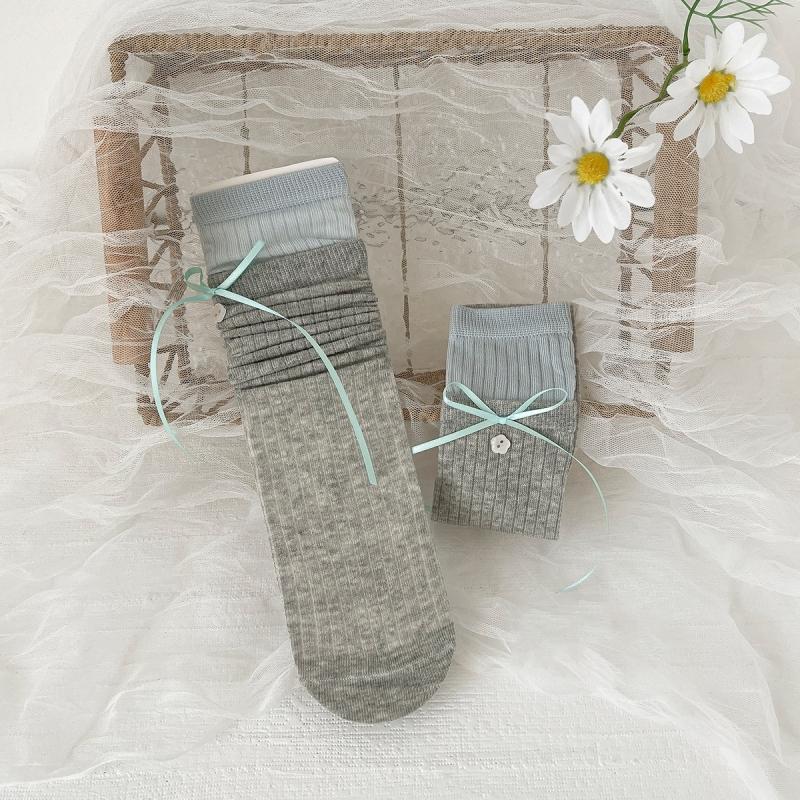 Girls Knee-High Socks Set Spring Summer Bow Lace Sock Sweet Princess Style Solid Color High Socks
