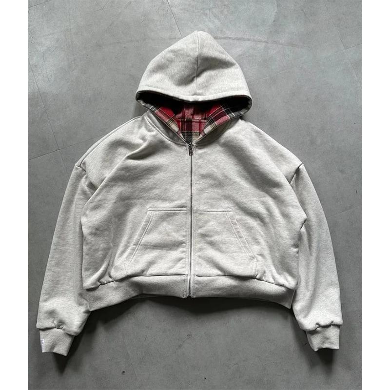 Winter Casual Plaid Hoodie Women's Warm Zip Up Double Sided Sweatshirt Fashion Trendy Loose Hooded