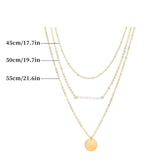Women's Stylish Faux Pearls Polished Coin Charm Pendant Three Layers Necklace
