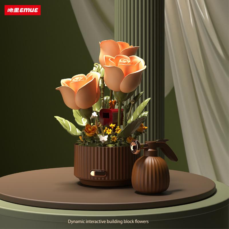 Romantic Kiss Eternal Flower Building Blocks Electric Rose Bouquet Blooming Garden With Simulated Watering Function