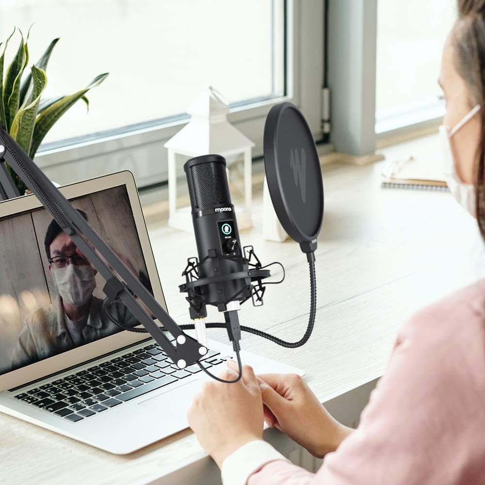 MAONO USB Microphone, Condenser Microphone, PC Microphone Set, 192KHZ24-BIT, Unidirectional, Touch Mute Button, Microphone Gain Adjustment Knob, USB
