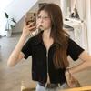Women's Turn Down Collar Short Sleeve Blouse Loose Fit Cropped Zip Front Solid Color Korean Casual Summer Crop Shirt Top