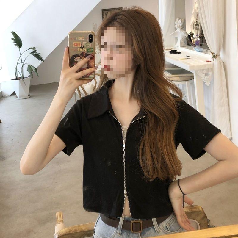 Women's Turn Down Collar Short Sleeve Blouse Loose Fit Cropped Zip Front Solid Color Korean Casual Summer Crop Shirt Top