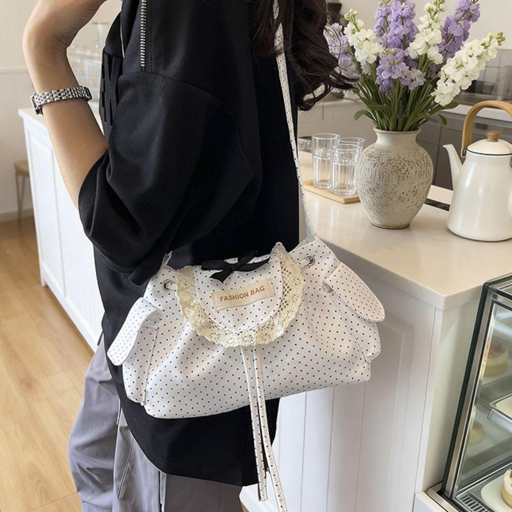 Korean Style Polka Dot Shoulder Bag Canvas Retro Underarm Bag Lace Bow Crossbody Bag Girls