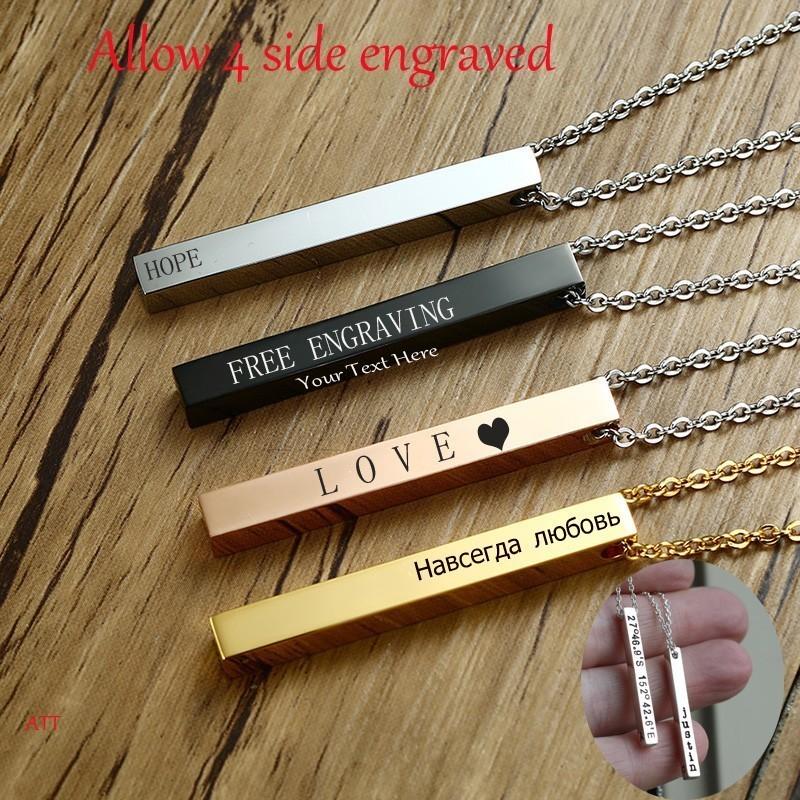 Personalized Vertical Bar Necklace Four Sided Custom Names Necklace Pendant Message For Women