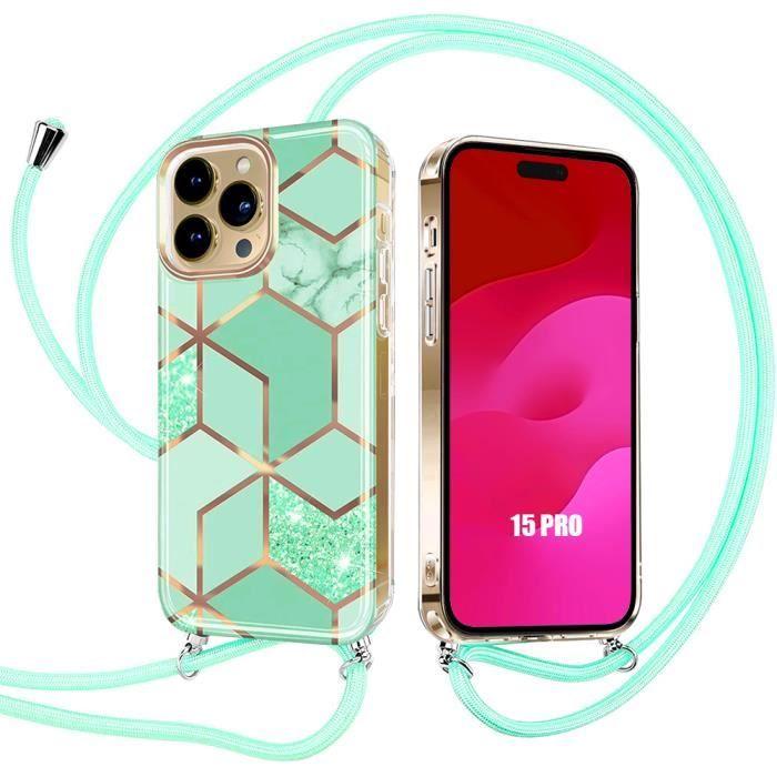 Coque pour iPhone 15 Pro, Protection Antichoc Motif Marbre Turquoise avec Cordon