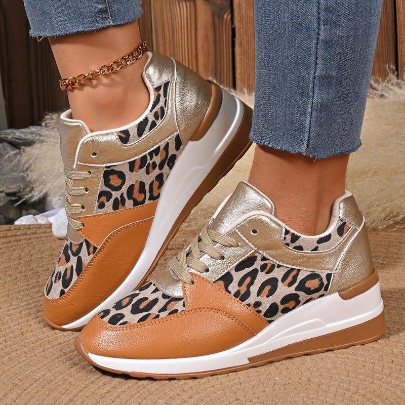 2025 Women Outdoor Platform Round Toe Low-top Leopard Wedges Sneakers Women Trend Lace Up Casual Sports Shoes Zapatos De Mujer