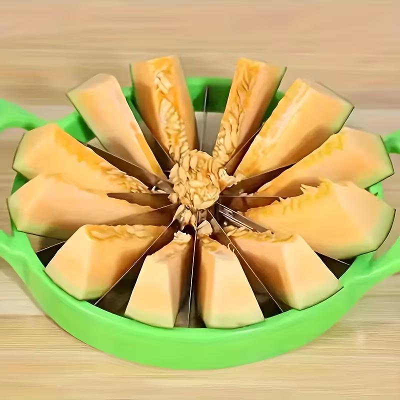 Nerezový kráječ melounů Ruční kráječ ovoce se zelenou rukojetí Kulatý nástroj na krájení melounů do kuchyně