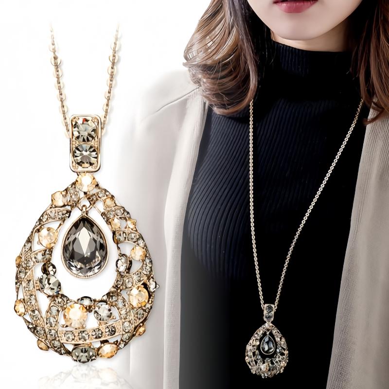 [HF]#1Pc Fashion Clothes Pendant Geometric Jewelry Vinatge Crystal Water Drop Sweater Long Necklaces For Women
