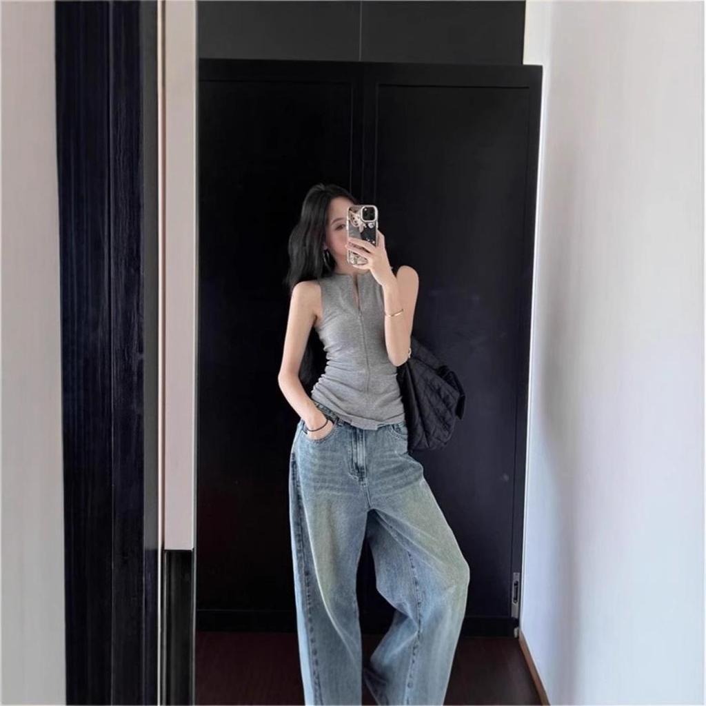 Women's Summer 2025 Spicy Girl Sleeveless Slimming Solid Color Tank Top with Round Neck Zipper