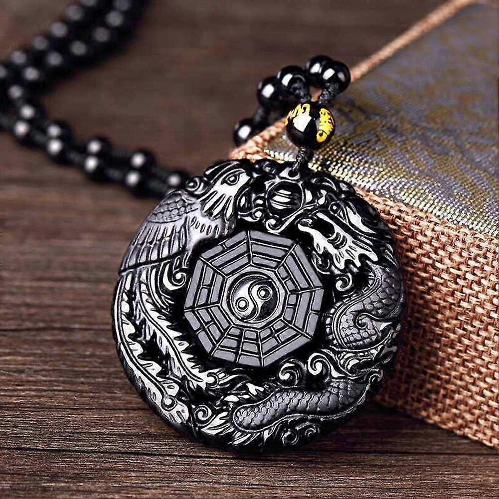 Dragon Phoenix Bagua Pendant Necklace Obsidian Jewelry