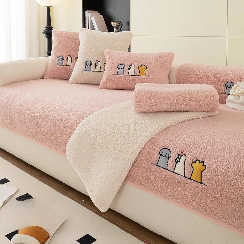Lambswool Sofa Cushion Thickened Warm Winter Plush Cushion Simple Modern Non-Slip Leather Sofa Cover Cover Cloth