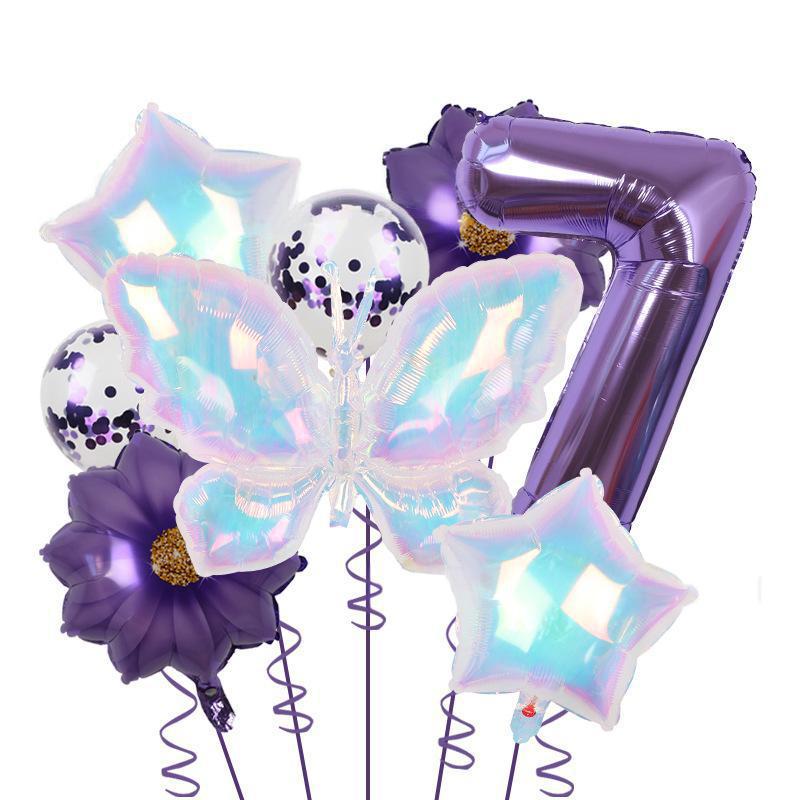 Colorful Large Butterfly Purple Flower 32 Digital Aluminum Film Balloon Set Latex Sequins Birthday Party Decoration