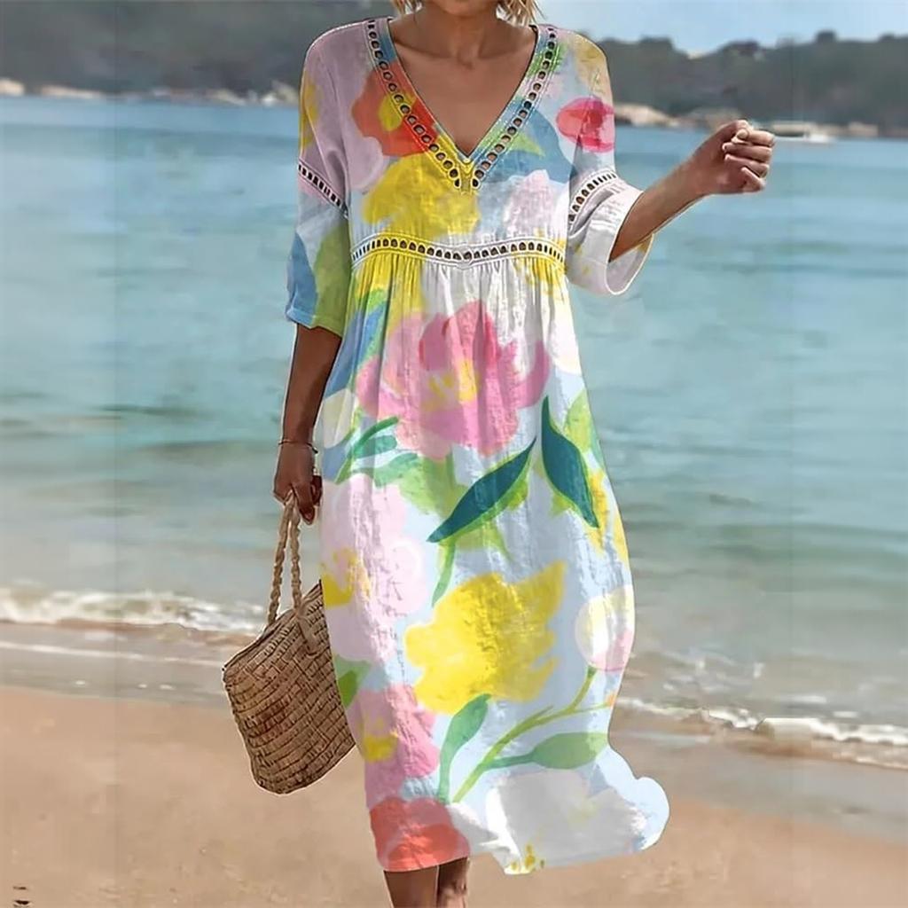 Women's V-Neck Midi Dress Floral Print Casual Summer Beach Sundress