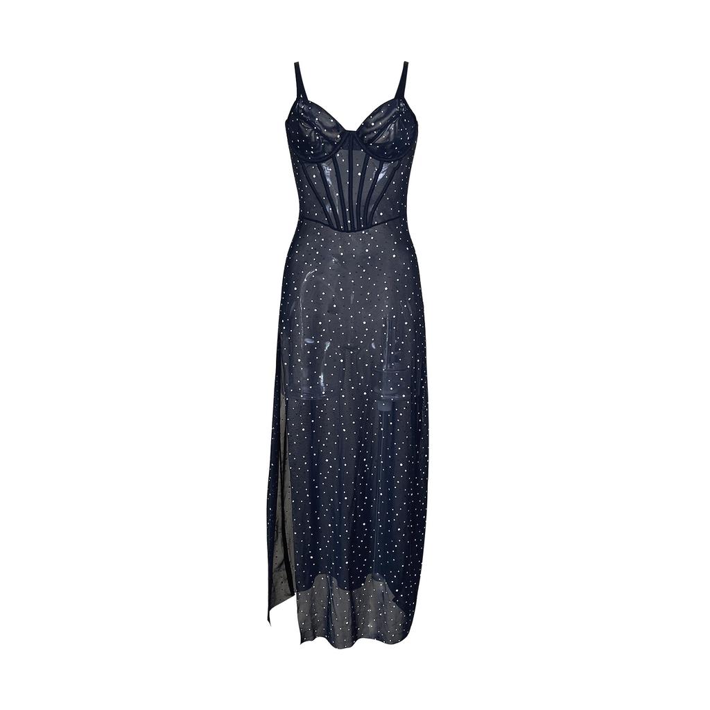 European and American sequins sexy perspective mesh dress memory steel ring V-neck high split suspender dress 8110