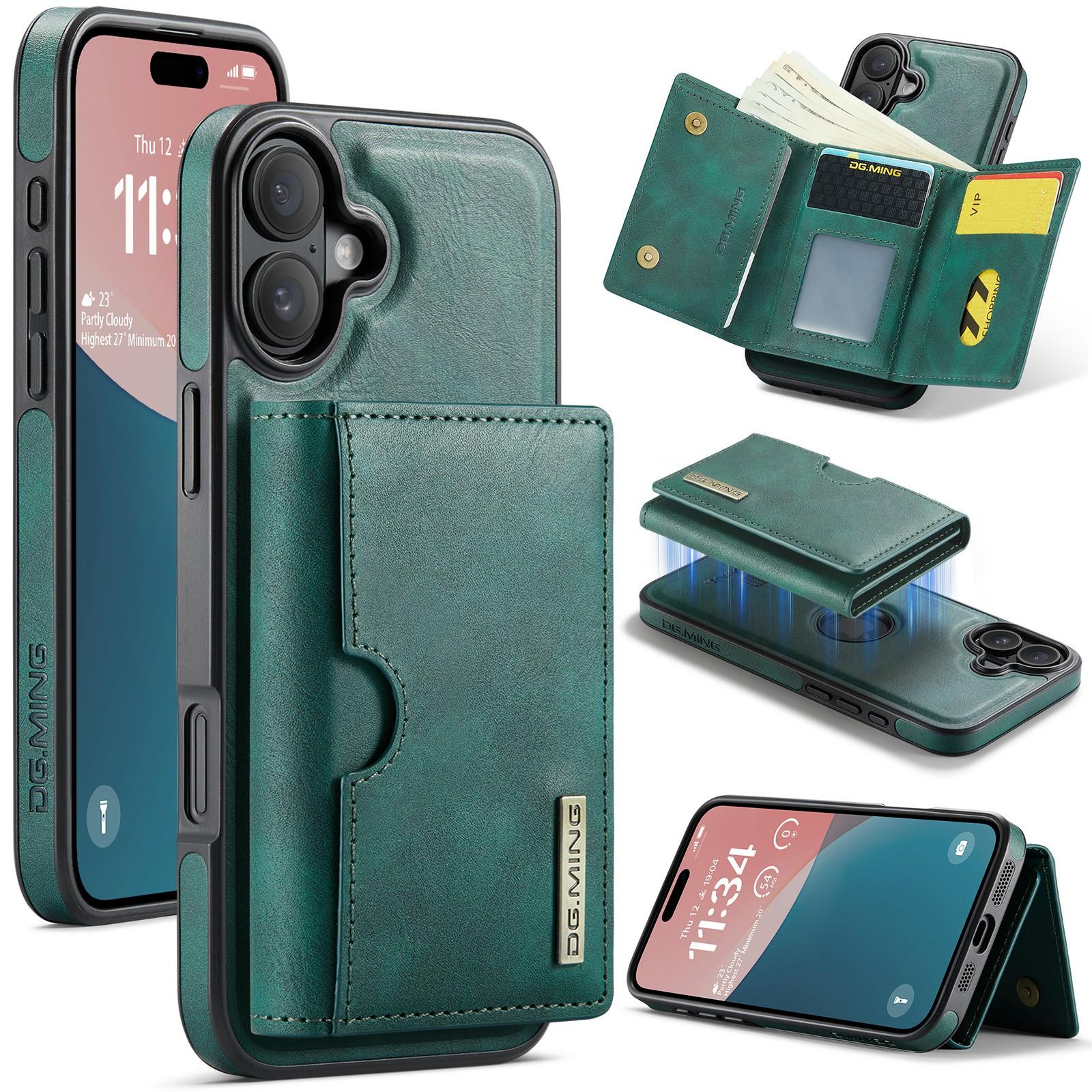 

DG.MING M6 Series For iPhone 16 Case Magnetic Wallet PU+PC+TPU Phone Cover Green