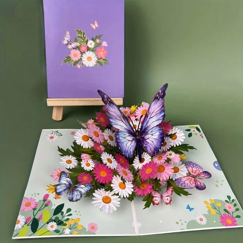1 Stück Lebendige 3D Pop-Up Grußkarte, Bunte Schmetterlinge & Gänseblümchen, Perfekt für Geburtstag Muttertag Hochzeit