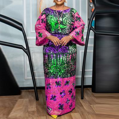 Women Plus Size Round Neck Long Sleeve Printed Loose Dresses