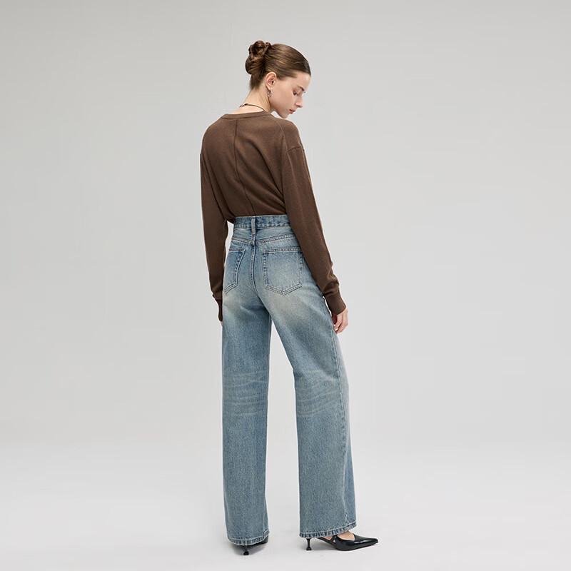 Fengxun Women's Vintage Washed High-Waist Wide-Leg Denim Jeans FXKL3113