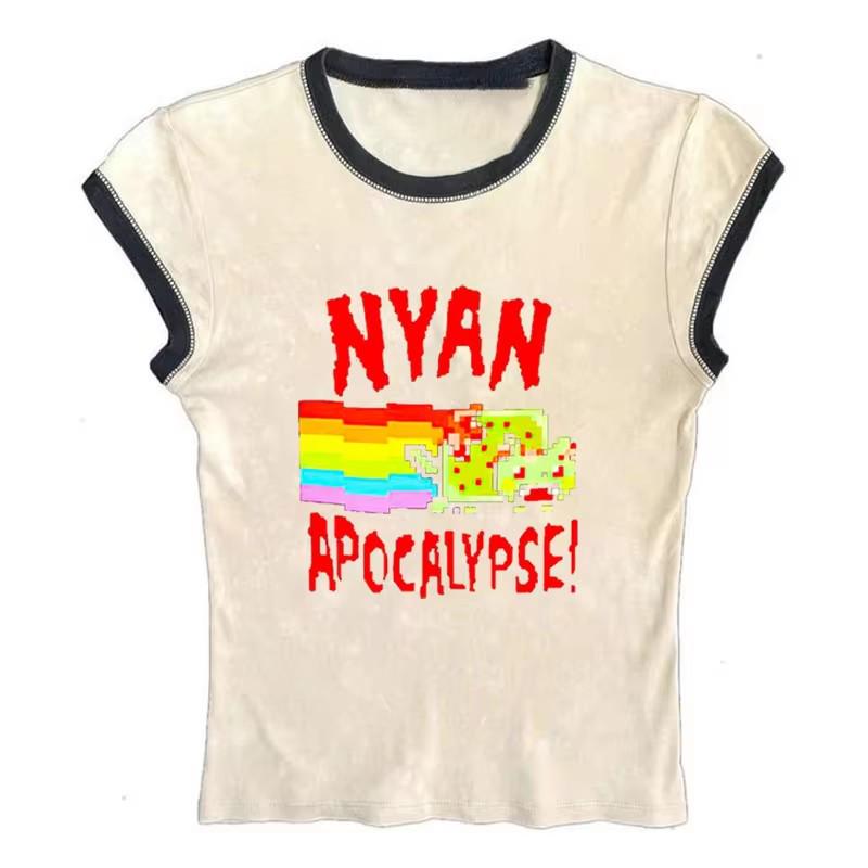Harajuku Rainbow Cat Print Slimming Casual Short Summer Top