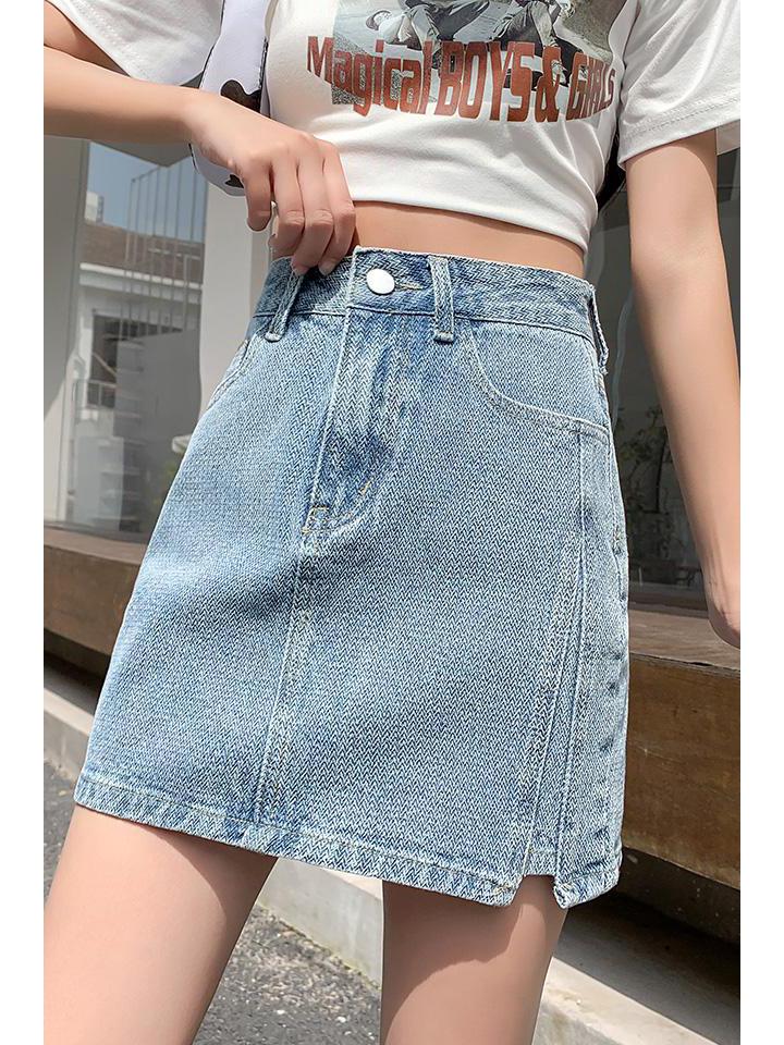 

Юбка миди А-силуэта из денима с разрезом и высокой посадкой - Женский ретро дизайн, облегающий бедра S синий