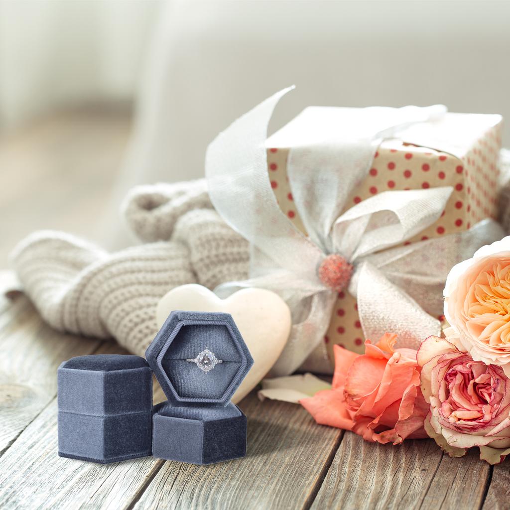 Hexagon Velvet Ring Box with Detachable Lid Earings Heirlooms Holder for Proposal Engagement Wedding Ceremony Proposals