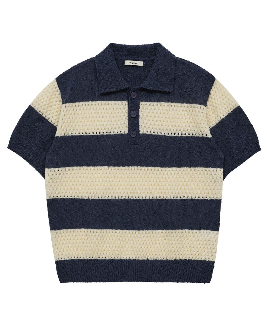 WAIKEI Scalloped Stripe Collared Short Sleeve Knit Navy
