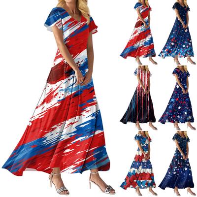 FashWomen's Loose Casual V-Neck Short Sleeved High Waisted Print Dress