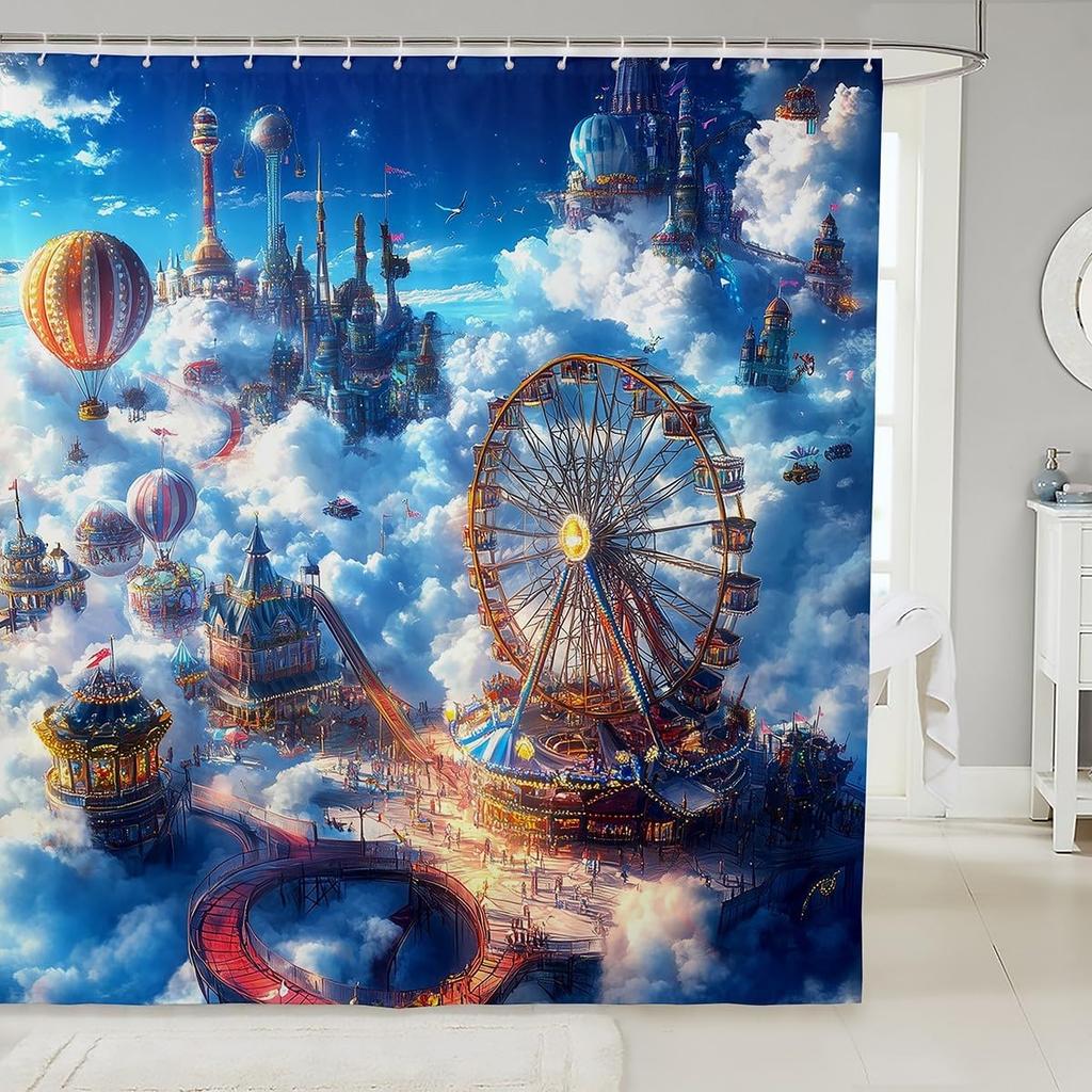 Cartoon Circus Bathroom Curtains Happy Holiday Shower Curtain Sets for Kids Boys Girls Funny Ferris Wheel Shower Curtain Funny
