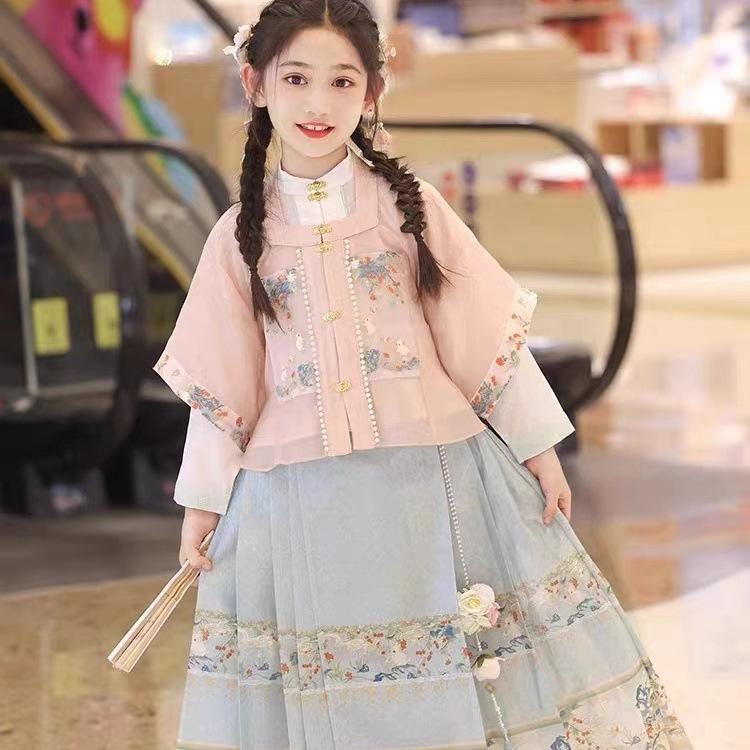 

Girls Hanfu Skirt Set: Spring & Autumn 2025 Long Sleeve Ancient Style Costume Landscape Skirt Set (Includes Necklace)