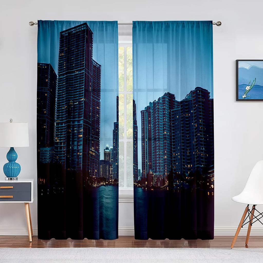 San Francisco Bay Bridge Stadsbild Skir Voilegardin USA Stad Natt Skyline Sceneri Utsikt Transparent Chiffong Tyllgardiner