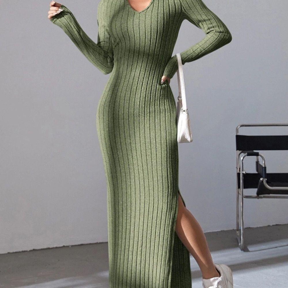 

Женское сексуальное трикотажное платье с V-образным вырезом и обратным вырезом, разрезом на осень-зиму, длинный рукав, эластичный базовый свитер XXL