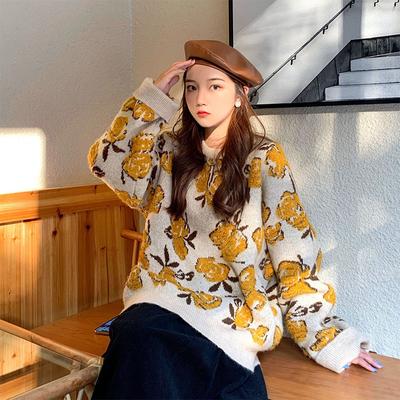 Maglione invernale spesso e caldo da donna, con stampa vintage di rose, lavorato a maglia