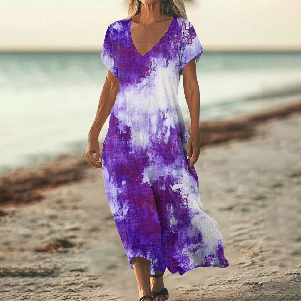 Mode Damen Sommer V-Ausschnitt Kurzarm Baumwolle und Leinen Vintage Blumendruck Strandkleid