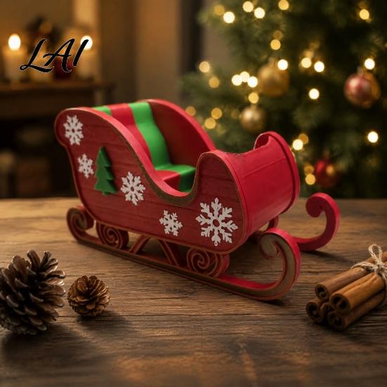 Snowflake Christmas Tree Relief 3D Printed Sleigh Ornament Red And Green Figurine with Holiday Scene Matching Props and Relief Festive Tabletop