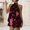 Women Plus Size Halter Backless Fake Two Piece Dress Dark Tone Heart Floral Print Mini Dress