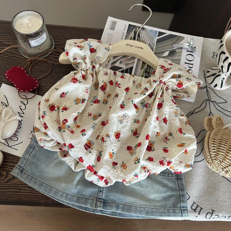 

Korean Style Girls Floral Top & Denim Skort Two-Piece Set - Summer 2025 120 cm
