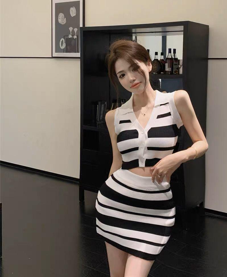 Spicy Striped Two-Piece Set: Polo Collar Sleeveless Crop Top & Bodycon Mini Skirt