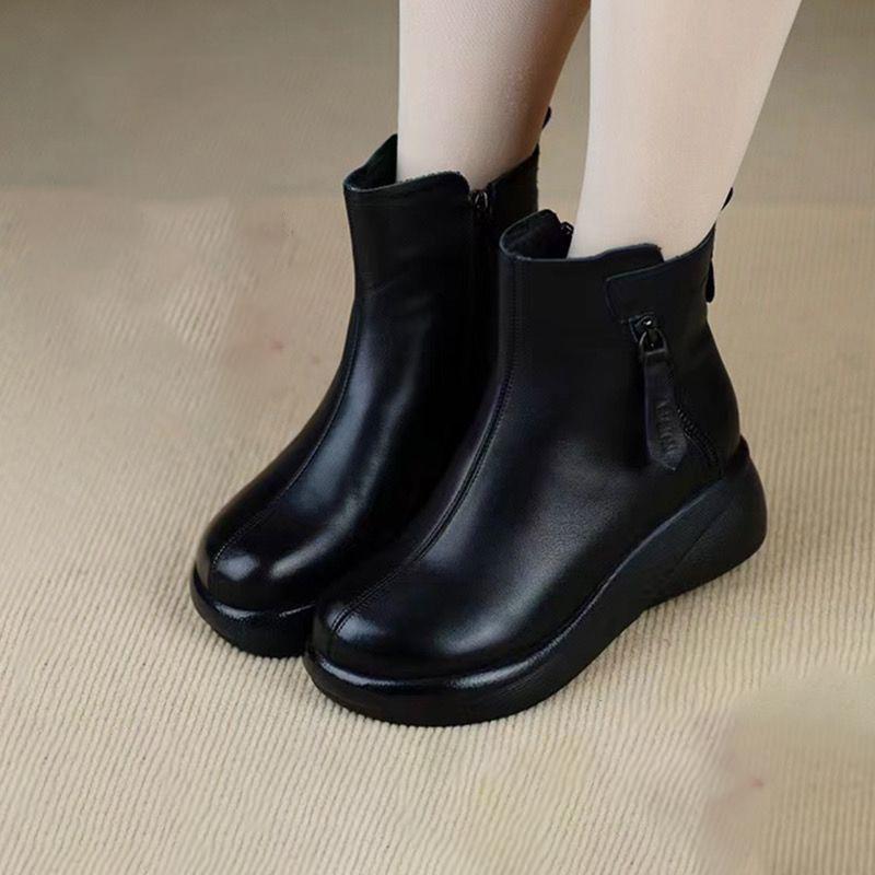 

Soft Leather Ankle Boots, Genuine Leather Autumn/Winter Round-Toe New Platform Chunky Sole Boots, Anti-Slip Women s Ankle Boots 40