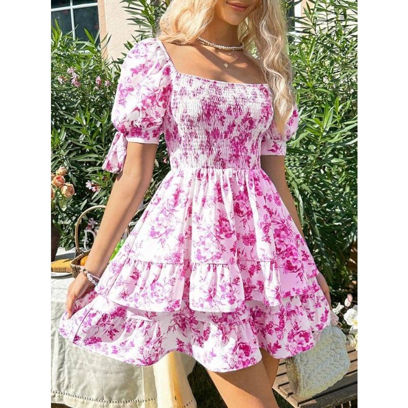 Summer Floral Print Square Neck Ruffled Puff Sleeve Vacation Dress
