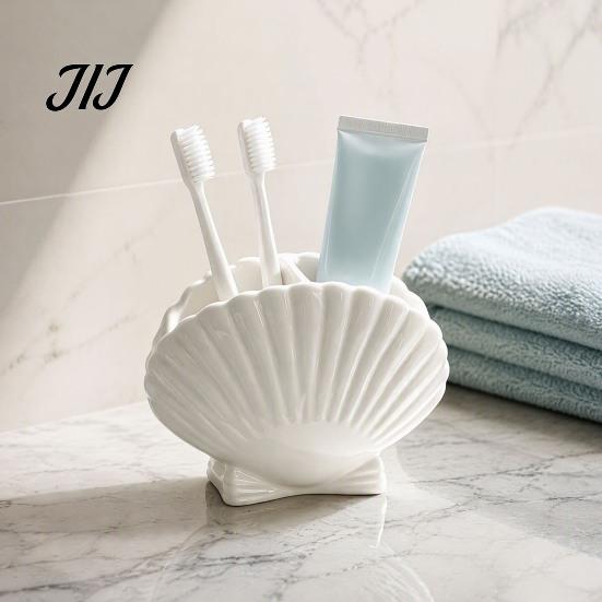 Small Item Storage Organizer Shell Shape Toothbrush Holder for Bathroom Countertop, 2 Compartments Waterproof Countertop Toothpaste Stand Desktop