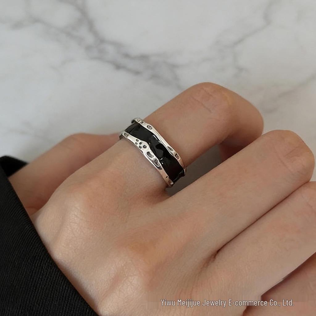 Miki Niche Adjustable Black Enamel Retro Minimalist Wide Band Ring